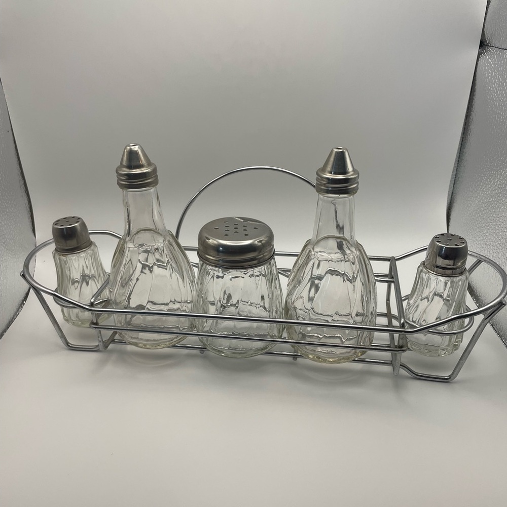 Vintage 5-pc Glass Condiment Holders with Carrier